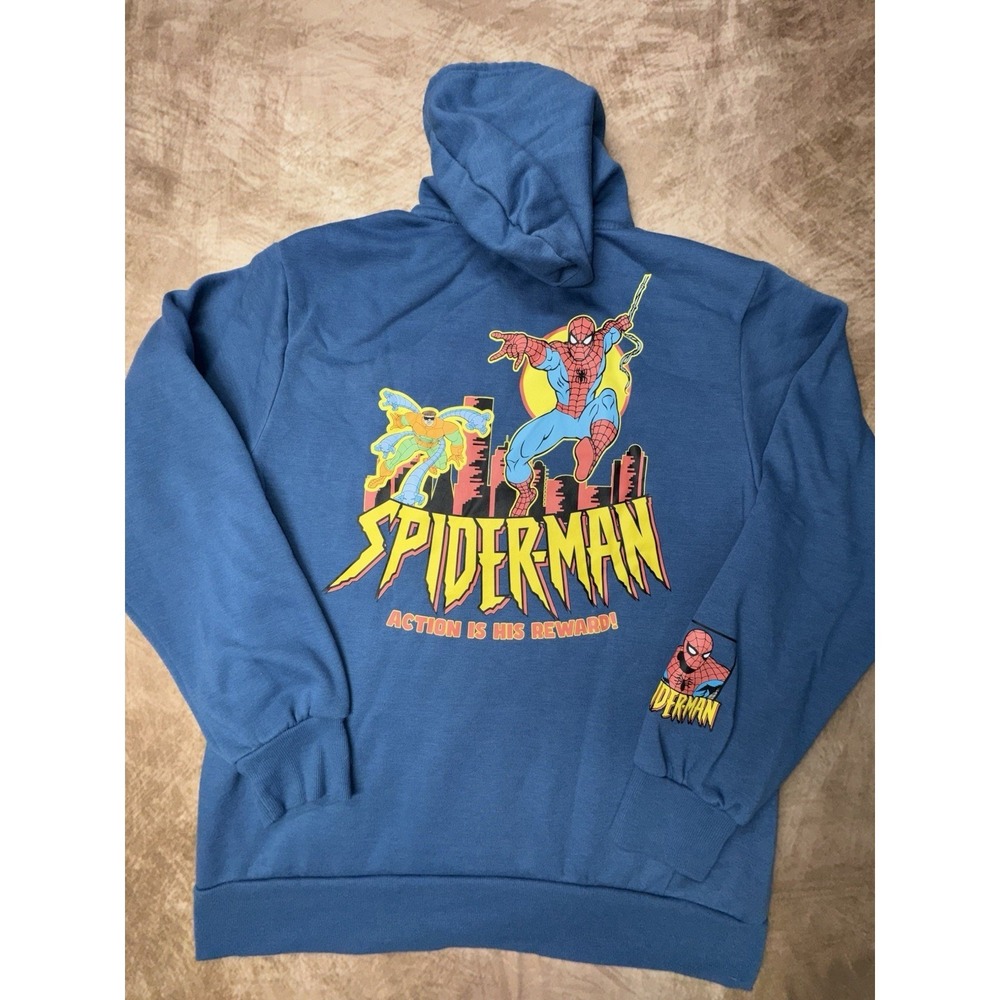 Marvel Comics Spiderman Hoodie Mens Size Large Sweatshirt Blue Big Graphic Print